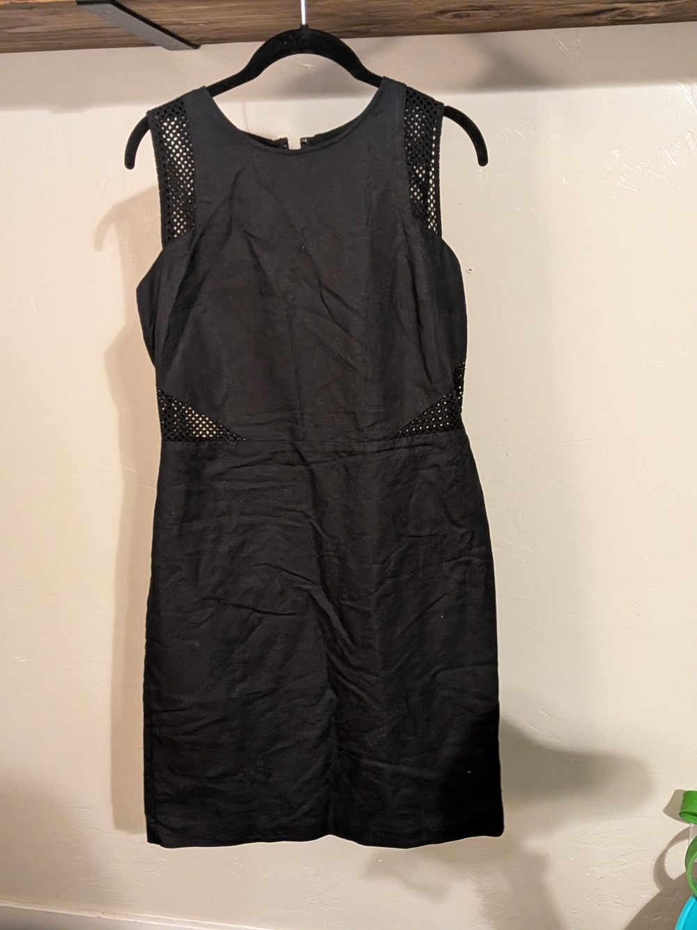 LOFT Linen Black Sleeveless Sheath Dress with Mesh Insets